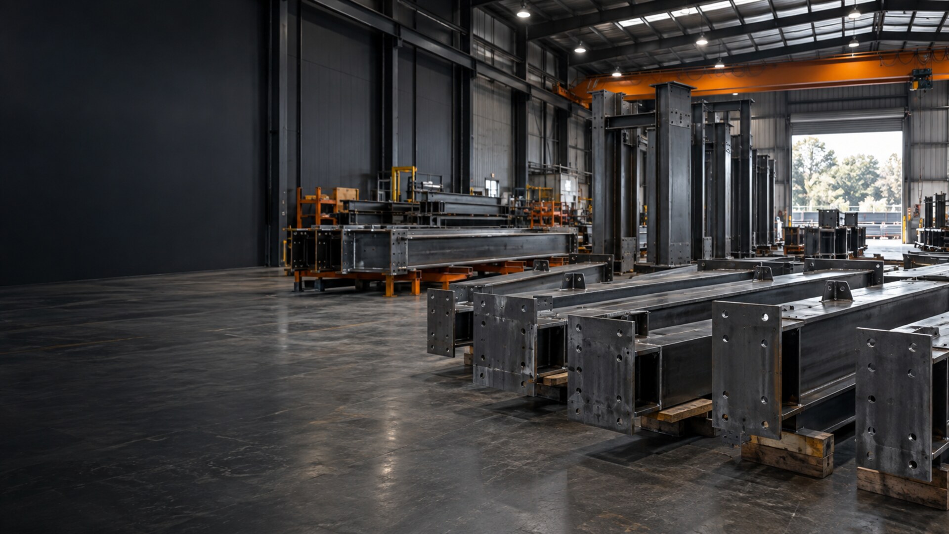 Fabricated structural steel beams and columns prepared for dispatch in an Australian workshop