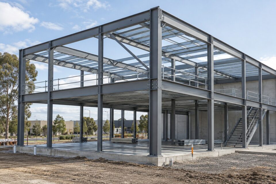 Exposed structural steel frame for a low-rise commercial building