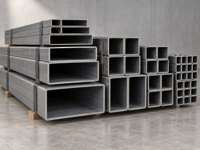Rectangular and square hollow steel sections with open profiles visible