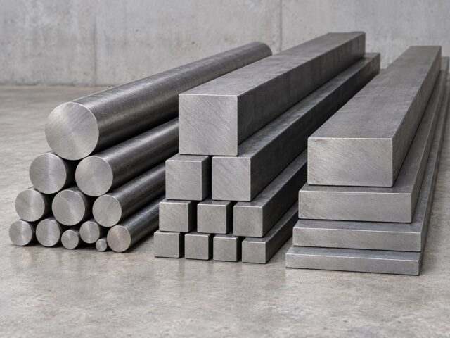 Round square and rectangular solid steel bars arranged by profile
