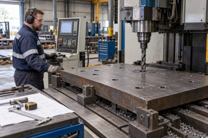 Steel plate being prepared on industrial drilling equipment in a fabrication workshop