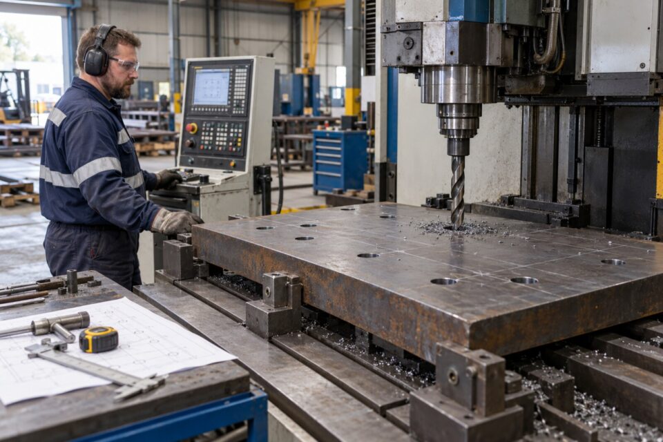 Steel plate being prepared on industrial drilling equipment in a fabrication workshop