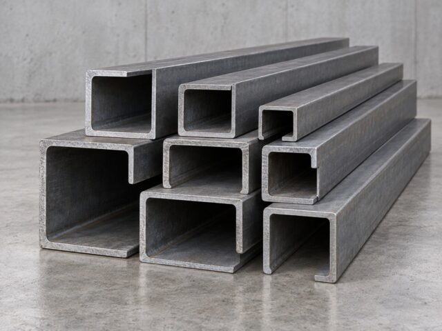 Structural steel channel sections arranged to show their profiles