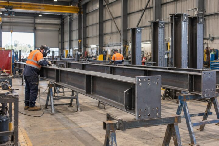 Structural steel beams and columns being fabricated in a Victorian workshop