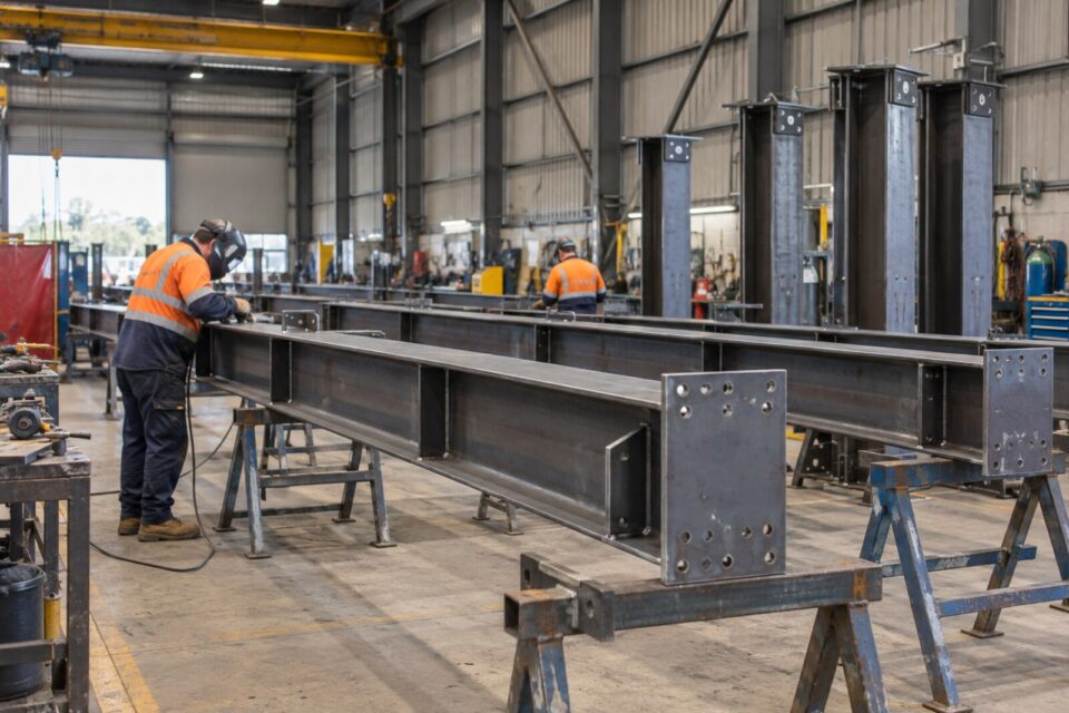 Structural steel beams and columns being fabricated in a Victorian workshop