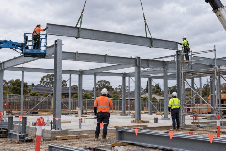 Structural steel beam being positioned during a low-rise building installation in Victoria