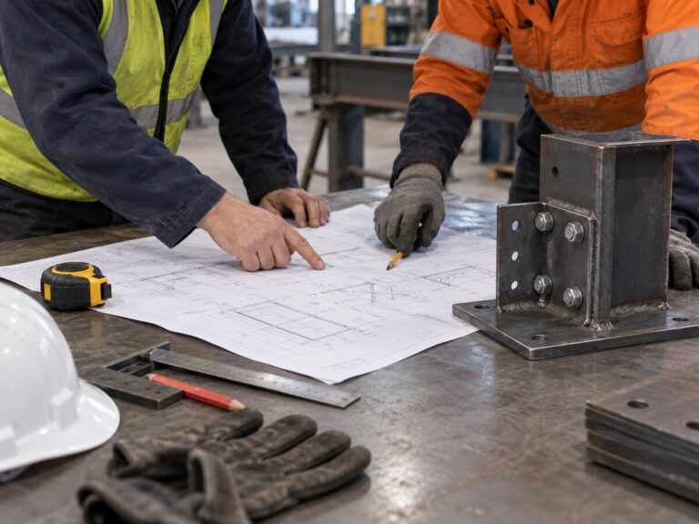 Builder and steel fabricator reviewing structural drawings and a steel connection sample