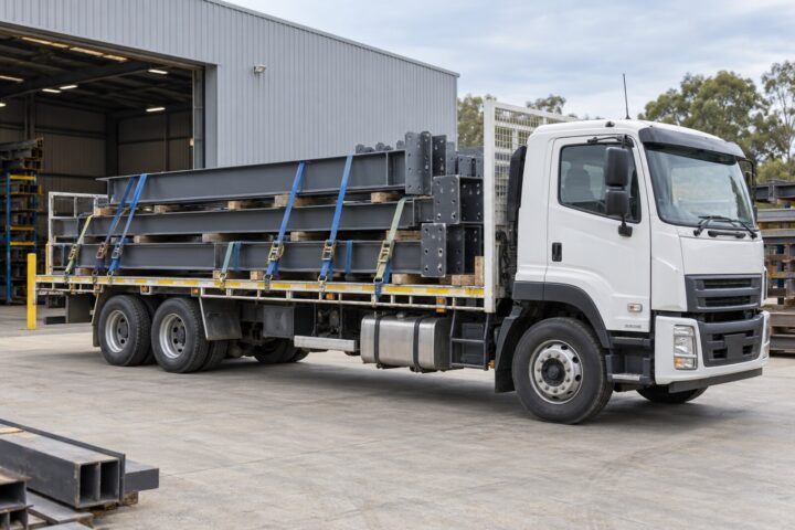 Flatbed truck carrying securely restrained fabricated structural steel members