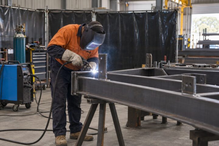 Steel fabricator welding a structural steel assembly in a screened workshop area